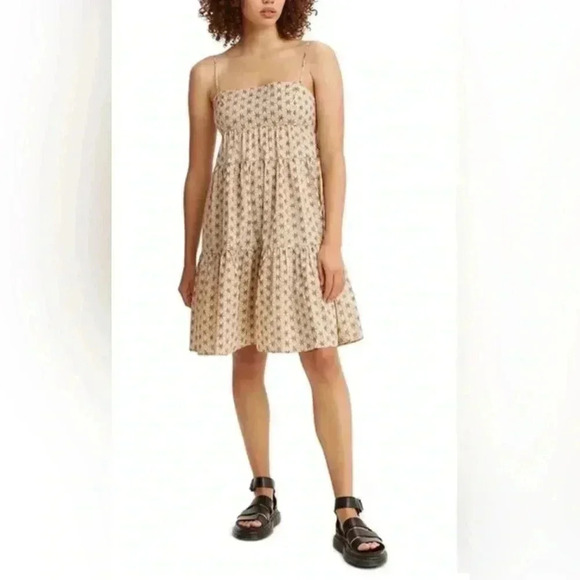 levi's Clea Dress Cotton Tiered Adjustable Straps Sz L‎ in Textured Stars Safari - Picture 2 of 13
